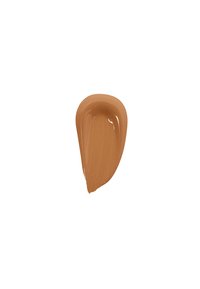 Creamy brown makeup swatch, smooth texture, warm undertone, shaped like a teardrop, with a glossy finish against a white backdrop.