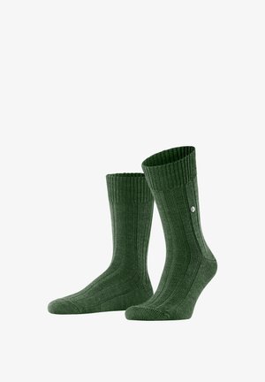 Un paio di calzettoni crew a coste di colore verde scuro con un piccolo logo rotondo argentato sul lato, presentati su uno sfondo bianco.