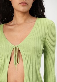 Helles grünes, geripptes Stricktop mit langen Ärmeln, tiefer V-Ausschnitt und Frontbindung, das eine taillierte Silhouette betont.