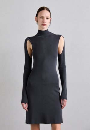 Gray knit dress with a high neck, long sleeves, and cut-out shoulder details. Form-fitting silhouette with a smooth texture.