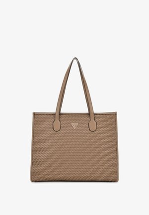 Šviesiai ruda supinta rankinė su dviem rankenomis ir trikampiu logotipu. Tekstūruotas paviršius su siuvinėtais akcentais. Taisyklingos stačiakampio formos.