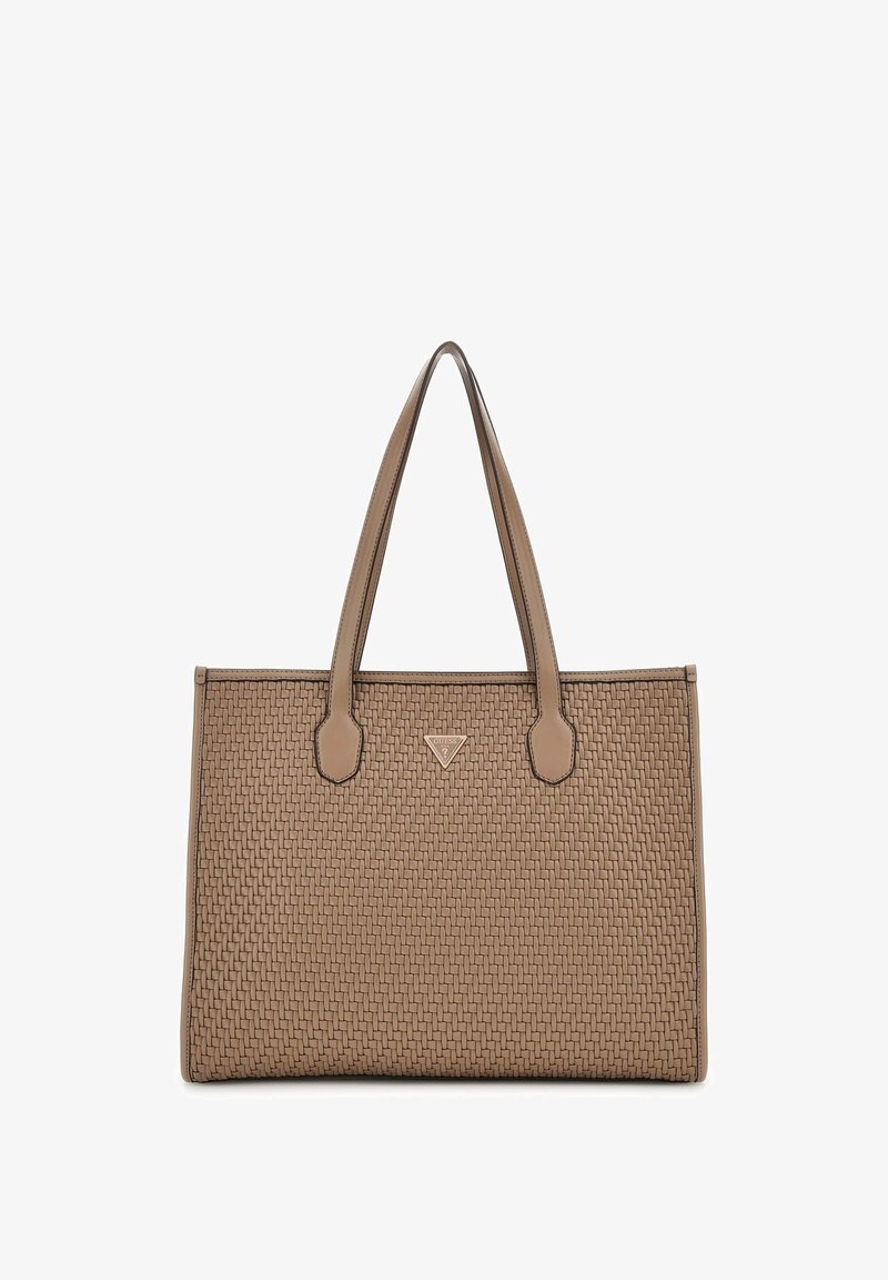 Šviesiai ruda supinta rankinė su dviem rankenomis ir trikampiu logotipu. Tekstūruotas paviršius su siuvinėtais akcentais. Taisyklingos stačiakampio formos.