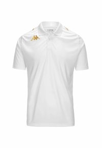 Witte poloshirt van gladde stof. Kenmerkt zich door gouden Kappa-logo accenten op de schouders. Klassieke kraag en korte mouwen.