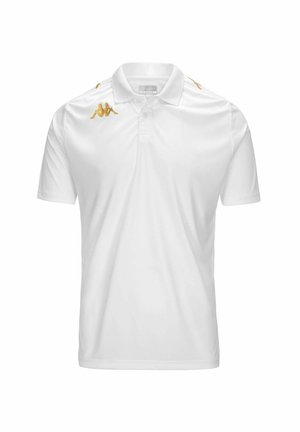 Witte poloshirt van gladde stof. Kenmerkt zich door gouden Kappa-logo accenten op de schouders. Klassieke kraag en korte mouwen.