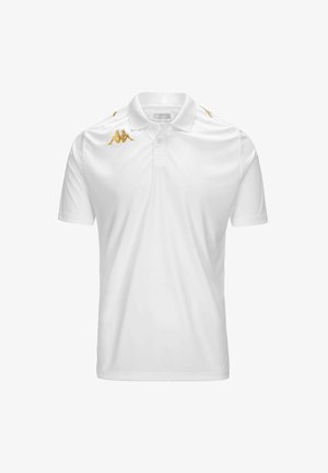 Witte poloshirt van gladde stof. Kenmerkt zich door gouden Kappa-logo accenten op de schouders. Klassieke kraag en korte mouwen.