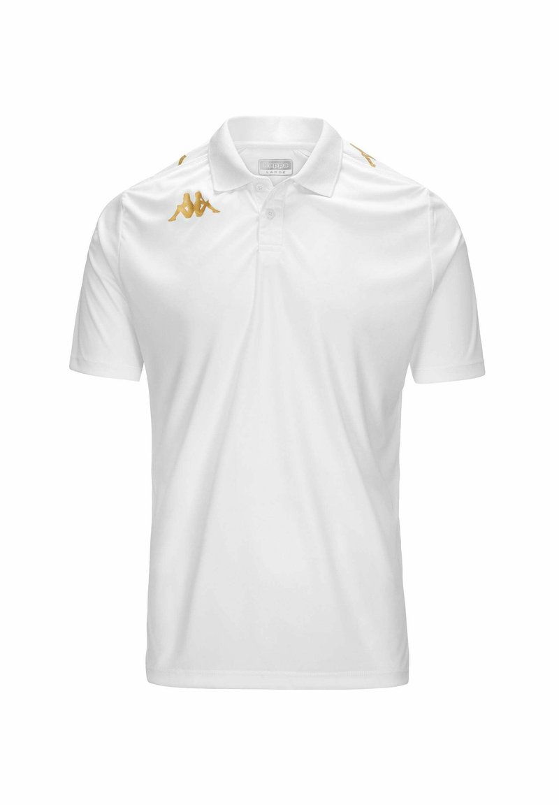 Witte poloshirt van gladde stof. Kenmerkt zich door gouden Kappa-logo accenten op de schouders. Klassieke kraag en korte mouwen.