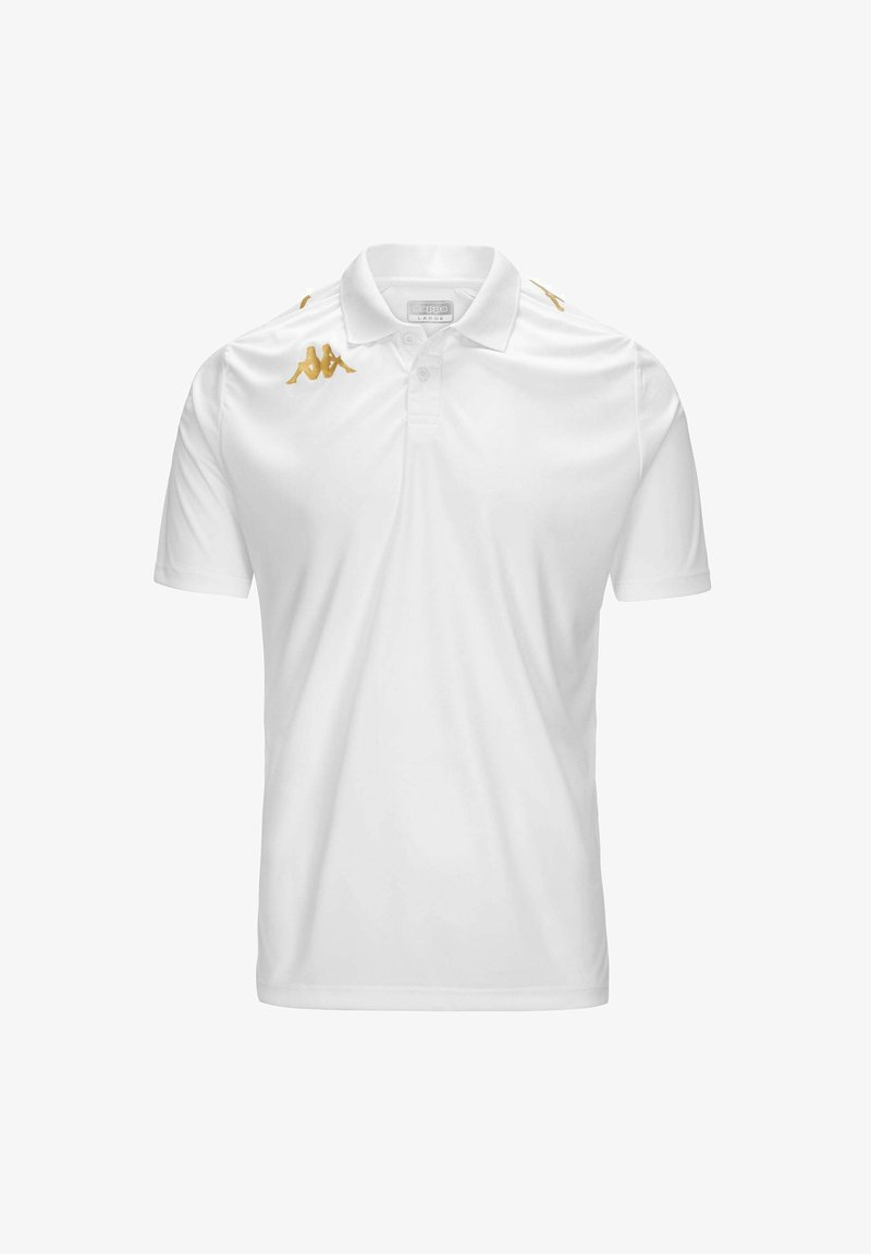 Hvid polo t-shirt lavet af glat stof. Har guld Kappa logo-accenter på skuldrene. Klassisk krave og korte ærmer.