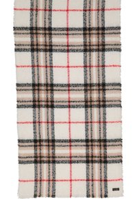Wollen deken met een crème basis, gekenmerkt door een geruit patroon in zwart, bruin en rood. Zachte textuur met franjes aan de randen en een merketiket.