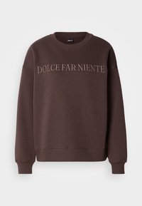 Sweatshirt de algodão castanho com punhos e bainha canelados. "DOLCE FAR NIENTE" está bordado em castanho mais claro na parte da frente.