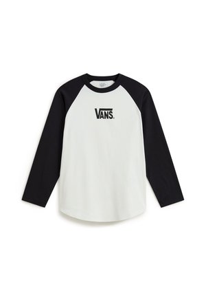 Camiseta de béisbol de manga larga con mangas negras y cuerpo blanco, con el logo negro de Vans centrado en el pecho.