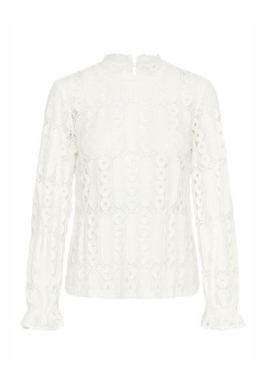 Witte langemouwen blouse met een ingewikkeld kantontwerp met cirkelpatronen, een hoge nek en een split aan de achterkant, gemaakt van lichtgewicht stof.