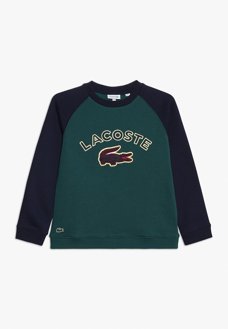 Felpa verde con maniche raglan blu navy, dotata di un logo Lacoste ricamato e un design di coccodrillo sul davanti. Tessuto morbido.