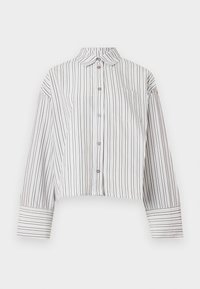 Langärmliges cropped Shirt mit braun-weißen vertikalen Streifen, Knopfleiste vorne, Kragen und Brusttasche.
