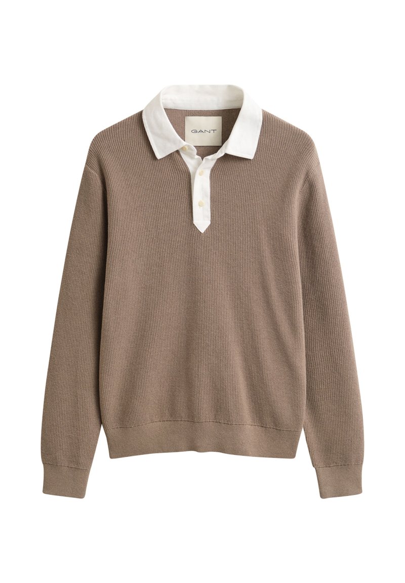 Brown long-sleeve knit sweater with white buttoned collar and cuffs, laid flat on a white background.