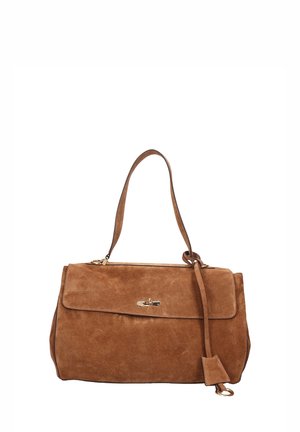 Brown suede handbag with a flap closure and gold hardware. Features a single shoulder strap and a detachable crossbody strap.