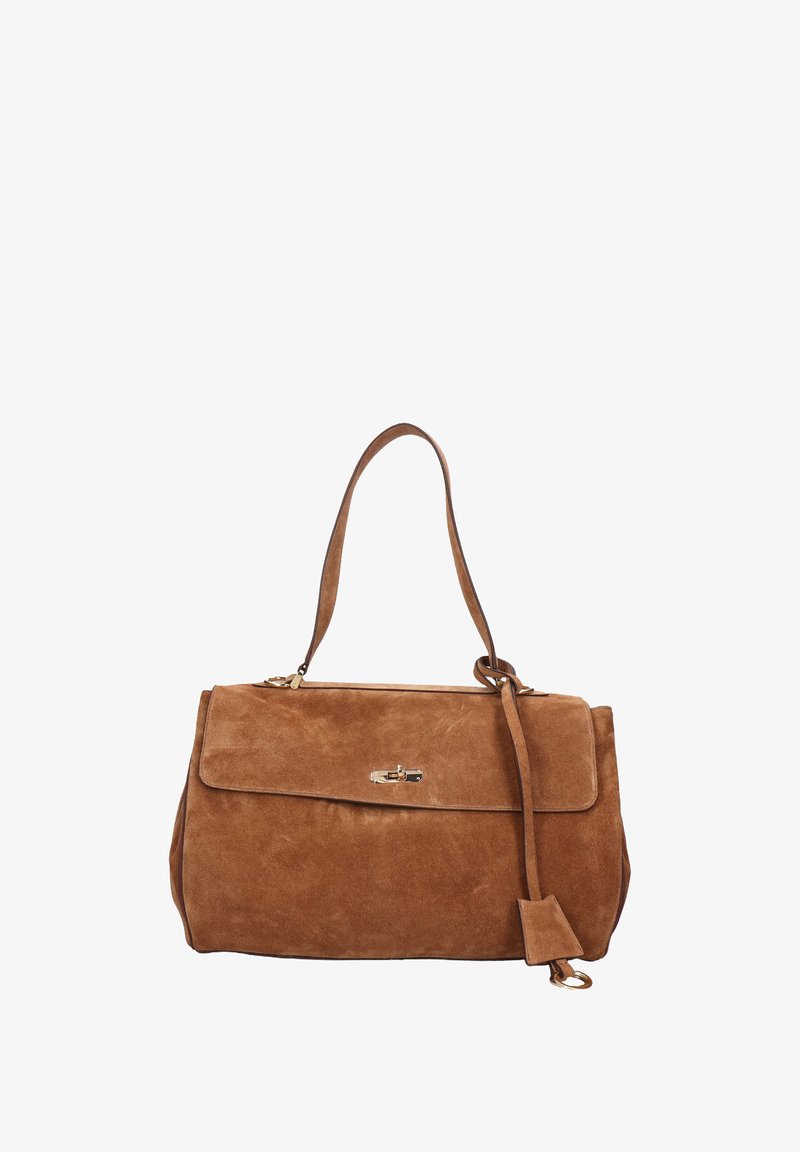 Brun mockaskinns handväska med klaffstängning och gyllene detaljer. Utrustad med en enkel axelrem och en avtagbar tvärrem.