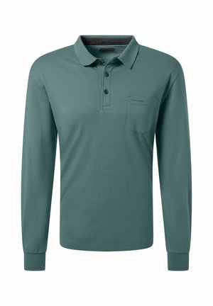 Polo à manches longues en coton teal avec un col, une patte de boutonnage à trois boutons et une poche sur la poitrine gauche arborant un logo discret.