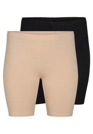 Two pairs of stretchy shorts: one in light beige and one in black, featuring elastic waistbands and smooth, fitted leg lengths.