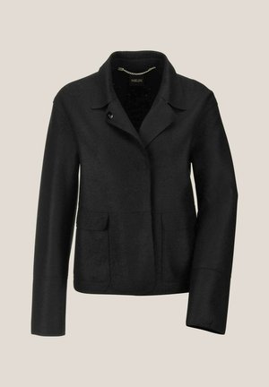 Schwarze Wollmischungjacke mit spitzem Kragen, einer Knopfschließe, zwei Fronttaschen und langen Ärmeln. Strukturiertes Gewebe mit tailliertem Schnitt.