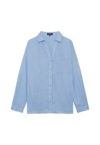 Camicia azzurro chiaro a maniche lunghe in un morbido tessuto testurizzato, con parte anteriore bottonata, colletto e una tasca sul petto con risvolti.