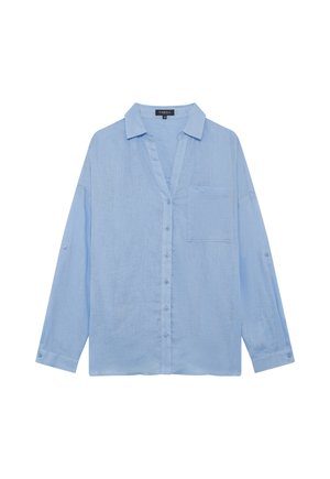 Lichtblauw overhemd met lange mouwen van een zacht, textuurstof, met een knoopsluiting aan de voorkant, kraag en een borstzak met opgerolde mouwen.