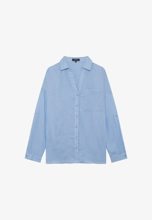 Lichtblauw overhemd met lange mouwen van een zacht, textuurstof, met een knoopsluiting aan de voorkant, kraag en een borstzak met opgerolde mouwen.
