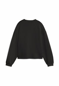 Sudadera negra recortada con mangas largas y ligeramente abullonadas, cuello redondo y textura suave. Diseño sencillo, sin patrones ni hardware visible.