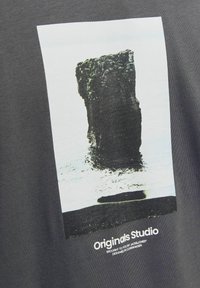 Grafika ant marškinėlių su juodai baltu vaizdu, kuriame pavaizduota uolienų forma prieš vandenį. Po vaizdu rašmuo "Originals Studio" baltu šriftu.