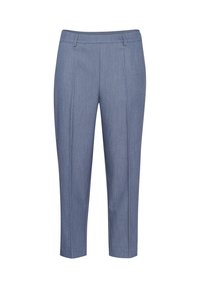Pantaloni su misura blu chiaro con una texture liscia, dotati di vita media, due pieghe frontali e taglio dritto alla caviglia.