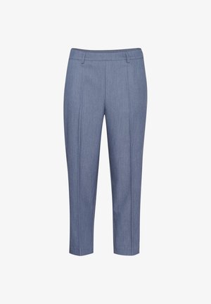 Svetlomodré, strihané nohavice s hladkým povrchom, s pásom v strednej výške, dvomi prednými záhybmi a rovnou dĺžkou do členkov.