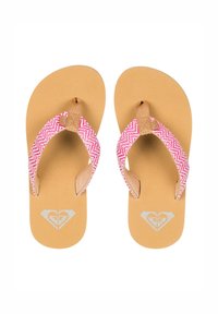Flip-flops med en tan gummisula, med rosa vävda remmar i fiskbensmönster och en liten logotyp på fotsulan.