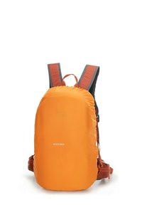Orange lightweight backpack with a textured, water-resistant exterior, padded straps in red, and a woven logo detail on the front.