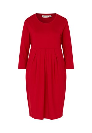 Rotes Kleid, lange Ärmel, runder Ausschnitt, gefälteltes Design an der Taille, aus weichem Stoff, knielang, mit seitlichen Taschen.