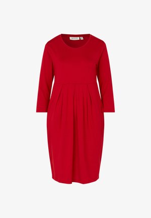 Rotes Kleid, lange Ärmel, runder Ausschnitt, gefälteltes Design an der Taille, aus weichem Stoff, knielang, mit seitlichen Taschen.