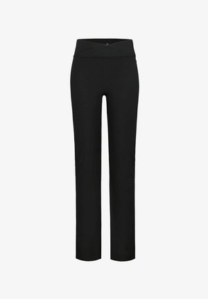 Musta suoralahkeiset housut, joissa leveä, käännetty vyötärönauha. Valmistettu sileästä, joustavasta kankaasta. Ei näkyviä kuvioita tai metalliosia.