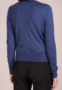 Blå ulltröja med långa ärmar, ribbad nederkant och slät textur, tagen från baksidan mot en ljus bakgrund. Svarta byxor synliga.