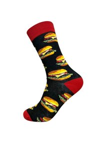 Schwarze Baumwollsocken mit einem sich wiederholenden Hamburger-Muster, rotem Bündchen und Zehenbereich sowie grünen Salat- und gelben Käseakzenten.