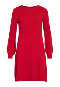Rotes langärmliges Kleid aus weichem Stoff, mit rundem Ausschnitt, lockerer Passform und gepufften Ärmeln mit gerippten Bündchen.