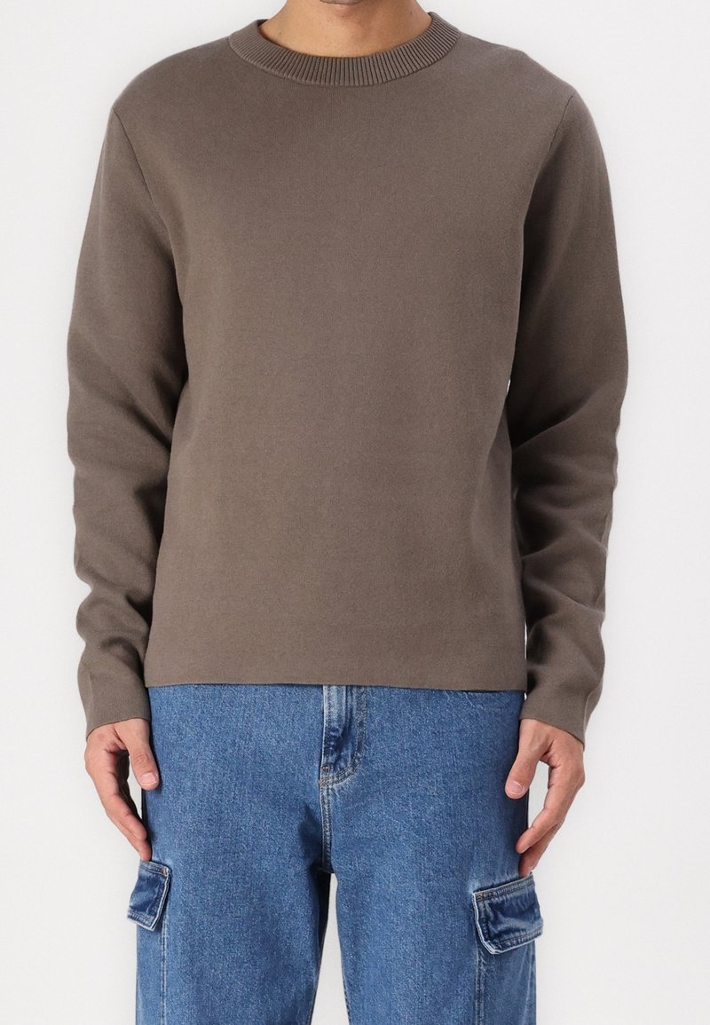 Brauner Strickpullover mit Rundhalsausschnitt und gerippten Abschlüssen, ausgestattet mit langen Ärmeln und einem lässigen Schnitt. Kombiniert mit blauen Cargo-Jeans.