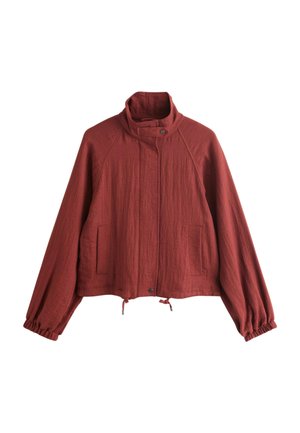 Rostrot langärmlige Jacke mit hohem Kragen, Druckknopfverschluss, Seitentaschen, elastischen Bündchen und verstellbarem Kordelzugsaum.