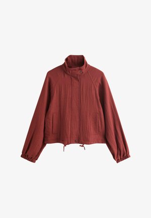 Rostrot langärmlige Jacke mit hohem Kragen, Druckknopfverschluss, Seitentaschen, elastischen Bündchen und verstellbarem Kordelzugsaum.