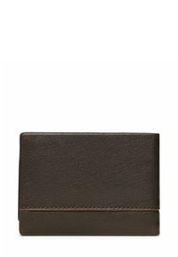 Ciemnobrązowy skórzany portfel o teksturowanej powierzchni, charakteryzujący się minimalistycznym wzornictwem i delikatnym przeszyciem wzdłuż dolnej krawędzi.
