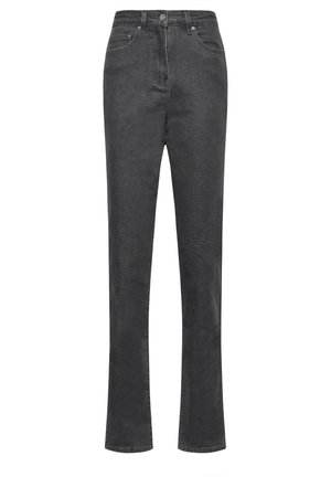 Jeans in denim nero con taglio dritto, vita alta, tasche frontali e chiusura con bottone in metallo. Tessuto morbido con dettagli di cucitura minimi.