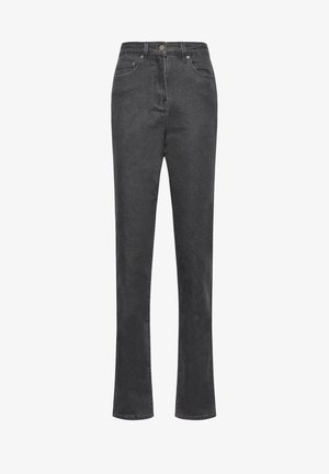 Zwarte denim jeans met een rechte pijp, hoge taille, zijzakken en een metalen knoopsluiting. Zachte textuur met minimale stikdetails.