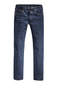 Calças de ganga azul-escura com corte slim, cinco bolsos e uma cintura padrão. Apresenta costuras visíveis e detalhes em metal.