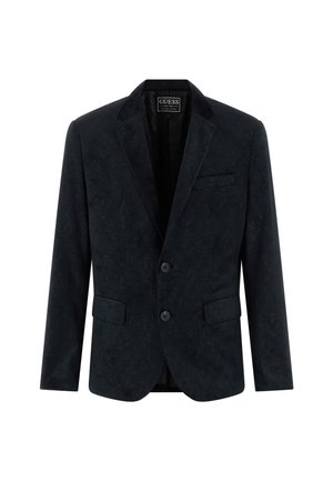 Schwarzer Blazer aus strukturiertem Stoff mit dezentem Muster, aufgeschlagenem Revers, zwei Knöpfen und zwei Fronttaschen.