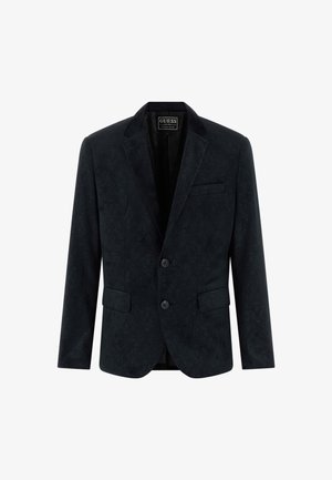 Zwarte blazer van gestructureerde stof met een subtiel patroon, met notched revers, twee knopen en twee voorzakken.