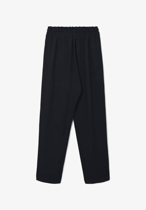 Pantalon noir ample avec taille élastique. Fabriqué en matière lisse et flexible. Longueur raccourcie, sans poches visibles ni motifs.