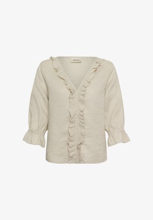 Cremefarbene Bluse mit dreiviertellangen Ärmeln, gerafftem V-Ausschnitt vorne und elastischen Rüschenbündchen.