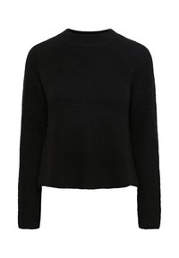 Czarny sweter dzianinowy z okrągłym dekoltem, długimi rękawami i luźnym krojem. Teksturowana tkanina z prążkowanymi detalami. Prosty i uniwersalny design.